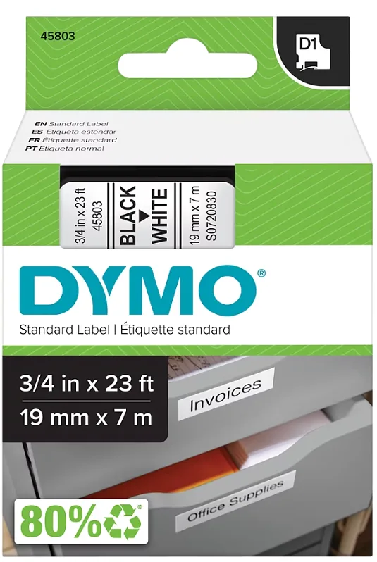 Cinta DYMO D1 de 19 mm (3/4") Negro sobre Blanco para Rotuladora DYMO LabelManager 160 y serie Labelpoint #45803
