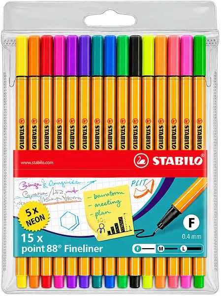 Marcadores Fineliner STABILO point 88 Punta Fina 0.4 mm, 15 Colores Neón